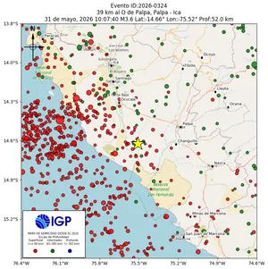 Mapa sísmico del sismo de magnitud 3.6 a 39 km al O de Palpa, Palpa - Ica, Perú