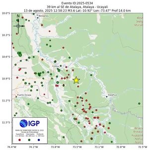 Mapa sísmico del sismo de magnitud 3.6 a 39 km al SE de Atalaya, Atalaya - Ucayali, Perú