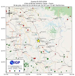 Mapa sísmico del sismo de magnitud 3.6 a 4 km al NO de Yanaoca, Canas - Cusco, Perú