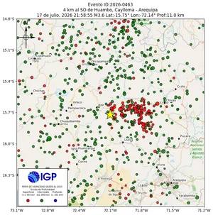 Mapa sísmico del sismo de magnitud 3.6 a 4 km al SO de Huambo, Caylloma - Arequipa, Perú