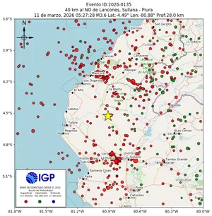 Mapa sísmico del sismo de magnitud 3.6 a 40 km al NO de Lancones, Sullana - Piura, Perú