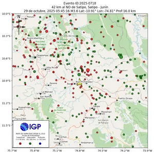 Mapa sísmico del sismo de magnitud 3.6 a 42 km al NO de Satipo, Satipo - Junín, Perú