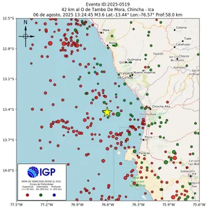Mapa sísmico del sismo de magnitud 3.6 a 42 km al O de Tambo De Mora, Chincha - Ica, Perú
