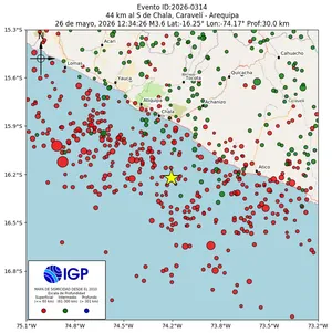 Mapa sísmico del sismo de magnitud 3.6 a 44 km al S de Chala, Caravelí - Arequipa, Perú