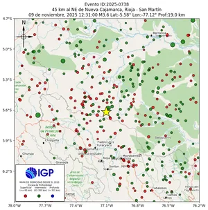 Mapa sísmico del sismo de magnitud 3.6 a 45 km al NE de Nueva Cajamarca, Rioja - San Martín, Perú