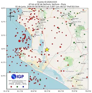 Mapa sísmico del sismo de magnitud 3.6 a 47 km al SE de Sechura, Sechura - Piura, Perú