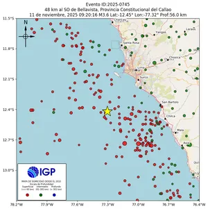 Mapa sísmico del sismo de magnitud 3.6 a 48 km al SO de Bellavista, Provincia Constitucional del Callao, Perú