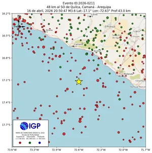 Mapa sísmico del sismo de magnitud 3.6 a 48 km al SO de Quilca, Camaná - Arequipa, Perú