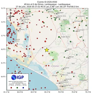 Mapa sísmico del sismo de magnitud 3.6 a 49 km al O de Olmos, Lambayeque - Lambayeque, Perú