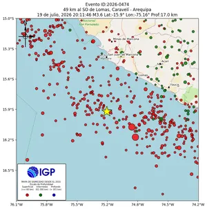 Mapa sísmico del sismo de magnitud 3.6 a 49 km al SO de Lomas, Caravelí - Arequipa, Perú