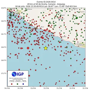 Mapa sísmico del sismo de magnitud 3.6 a 49 km al SO de Ocoña, Camaná - Arequipa, Perú