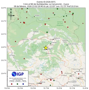 Mapa sísmico del sismo de magnitud 3.6 a 5 km al NO de Quillabamba, La Convención - Cusco, Perú