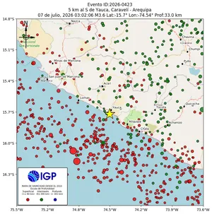 Mapa sísmico del sismo de magnitud 3.6 a 5 km al S de Yauca, Caravelí - Arequipa, Perú