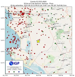 Mapa sísmico del sismo de magnitud 3.6 a 50 km al E de Sechura, Sechura - Piura, Perú