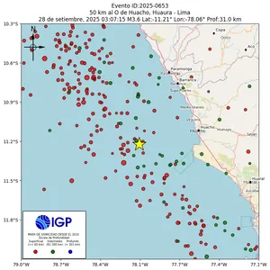 Mapa sísmico del sismo de magnitud 3.6 a 50 km al O de Huacho, Huaura - Lima, Perú