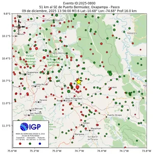 Mapa sísmico del sismo de magnitud 3.6 a 51 km al SE de Puerto Bermúdez, Oxapampa - Pasco, Perú