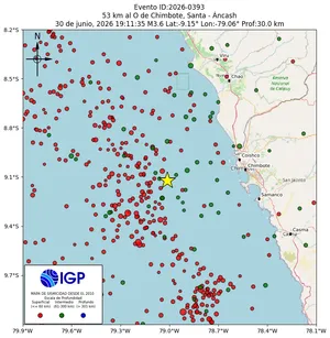 Mapa sísmico del sismo de magnitud 3.6 a 53 km al O de Chimbote, Santa - Áncash, Perú