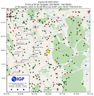 Mapa sísmico del sismo de magnitud 3.6 a 53 km al SE de Tarapoto, San Martin - San Martin, Perú