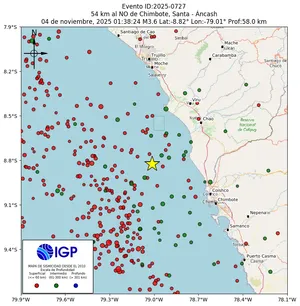 Mapa sísmico del sismo de magnitud 3.6 a 54 km al NO de Chimbote, Santa - Áncash, Perú