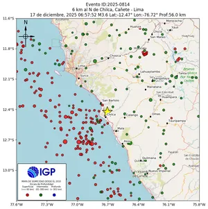 Mapa sísmico del sismo de magnitud 3.6 a 6 km al N de Chilca, Cañete - Lima, Perú