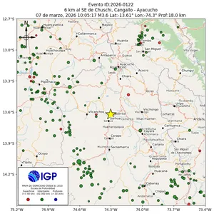 Mapa sísmico del sismo de magnitud 3.6 a 6 km al SE de Chuschi, Cangallo - Ayacucho, Perú