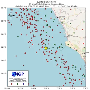 Mapa sísmico del sismo de magnitud 3.6 a 61 km al SO de Huacho, Huaura - Lima, Perú
