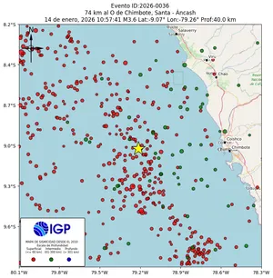 Mapa sísmico del sismo de magnitud 3.6 a 74 km al O de Chimbote, Santa - Áncash, Perú