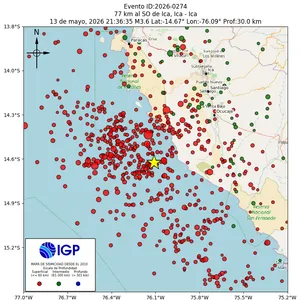 Mapa sísmico del sismo de magnitud 3.6 a 77 km al SO de Ica, Ica - Ica, Perú