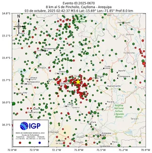 Mapa sísmico del sismo de magnitud 3.6 a 8 km al S de Pinchollo, Caylloma - Arequipa, Perú