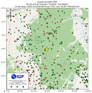 Mapa sísmico del sismo de magnitud 3.6 a 81 km al E de Tocache, Tocache - San Martín, Perú