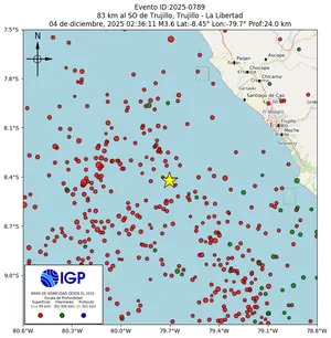 Mapa sísmico del sismo de magnitud 3.6 a 83 km al SO de Trujillo, Trujillo - La Libertad, Perú