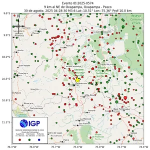 Mapa sísmico del sismo de magnitud 3.6 a 9 km al NE de Oxapampa, Oxapampa - Pasco, Perú