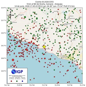 Mapa sísmico del sismo de magnitud 3.6 a 9 km al NO de Ocoña, Camaná - Arequipa, Perú