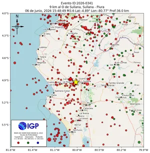 Mapa sísmico del sismo de magnitud 3.6 a 9 km al O de Sullana, Sullana - Piura, Perú