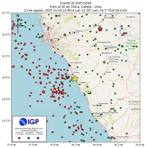 Mapa sísmico del sismo de magnitud 3.6 a 9 km al SE de Chilca, Cañete - Lima, Perú