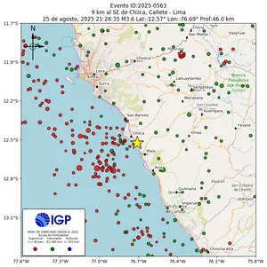 Mapa sísmico del sismo de magnitud 3.6 a 9 km al SE de Chilca, Cañete - Lima, Perú