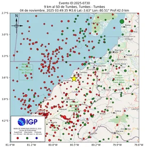 Mapa sísmico del sismo de magnitud 3.6 a 9 km al SO de Tumbes, Tumbes - Tumbes, Perú