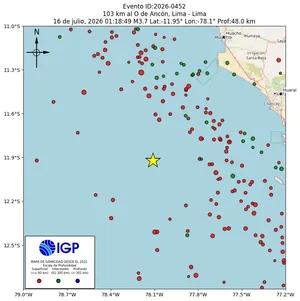 Mapa sísmico del sismo de magnitud 3.7 a 103 km al O de Ancón, Lima - Lima, Perú