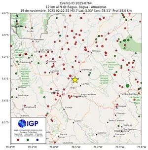 Mapa sísmico del sismo de magnitud 3.7 a 12 km al N de Bagua, Bagua - Amazonas, Perú