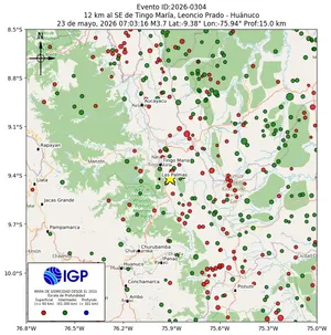 Mapa sísmico del sismo de magnitud 3.7 a 12 km al SE de Tingo María, Leoncio Prado - Huánuco, Perú