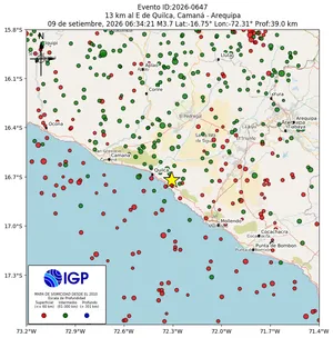 Mapa sísmico del sismo de magnitud 3.7 a 13 km al E de Quilca, Camaná - Arequipa, Perú