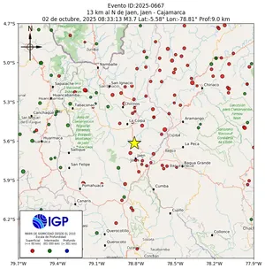 Mapa sísmico del sismo de magnitud 3.7 a 13 km al N de Jaen, Jaen - Cajamarca, Perú