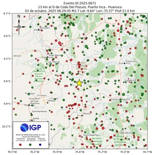 Mapa sísmico del sismo de magnitud 3.7 a 13 km al O de Codo Del Pozuzo, Puerto Inca - Huanuco, Perú