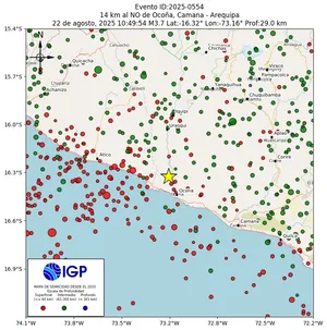 Mapa sísmico del sismo de magnitud 3.7 a 14 km al NO de Ocoña, Camana - Arequipa, Perú