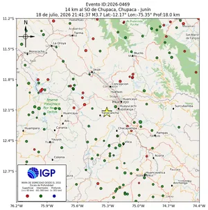 Mapa sísmico del sismo de magnitud 3.7 a 14 km al SO de Chupaca, Chupaca - Junín, Perú
