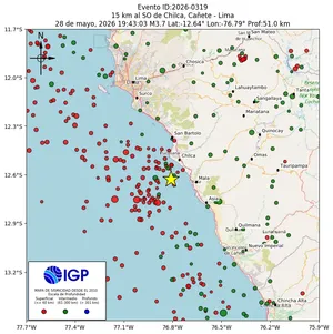 Mapa sísmico del sismo de magnitud 3.7 a 15 km al SO de Chilca, Cañete - Lima, Perú