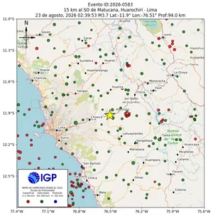 Mapa sísmico del sismo de magnitud 3.7 a 15 km al SO de Matucana, Huarochirí - Lima, Perú