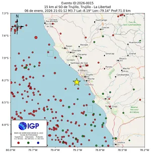 Mapa sísmico del sismo de magnitud 3.7 a 15 km al SO de Trujillo, Trujillo - La Libertad, Perú
