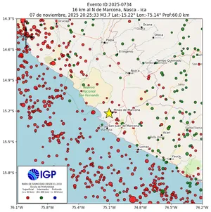 Mapa sísmico del sismo de magnitud 3.7 a 16 km al N de Marcona, Nasca - Ica, Perú