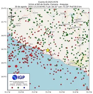 Mapa sísmico del sismo de magnitud 3.7 a 16 km al NO de Ocoña, Camana - Arequipa, Perú